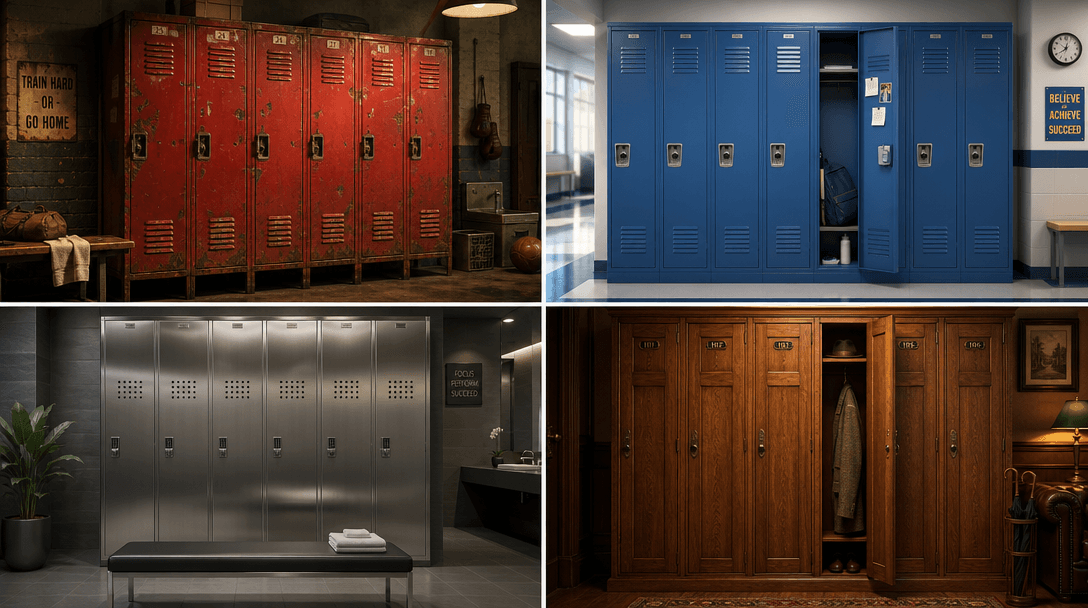 Split-screen grid displaying four distinct locker variations: vintage red gym locker, modern blue school locker, stainle