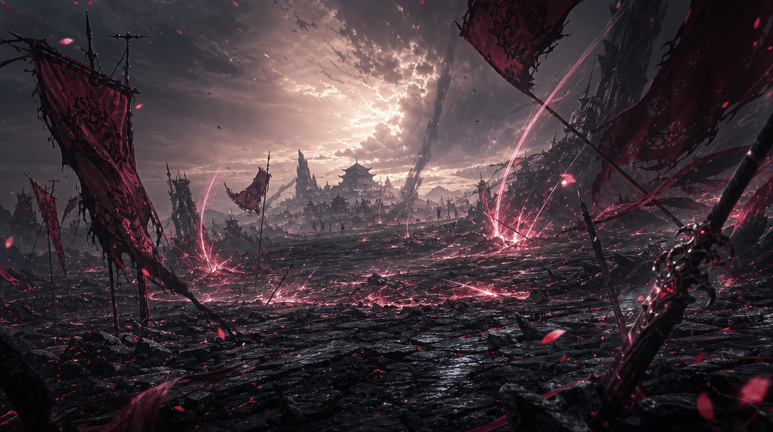 A cinematic anime battlefield represented through layered environmental elements: cracked obsidian ground, wind-driven f