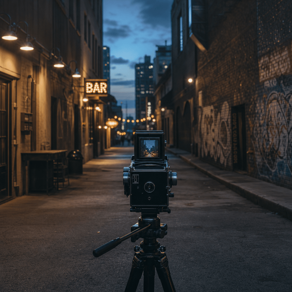 Street-level cinematic perspective shot looking down an urban alley at blue hour, film camera on tripod in foreground fa
