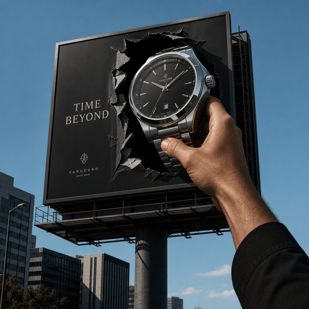Square luxury campaign image of an anonymous hand pulling a polished silver watch from a towering roadside billboard, br