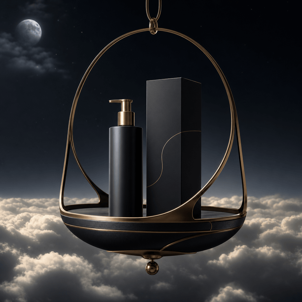 A minimalist haircare bottle and matching box arranged inside a floating luxury carrier over a cloud ocean, cinematic ni