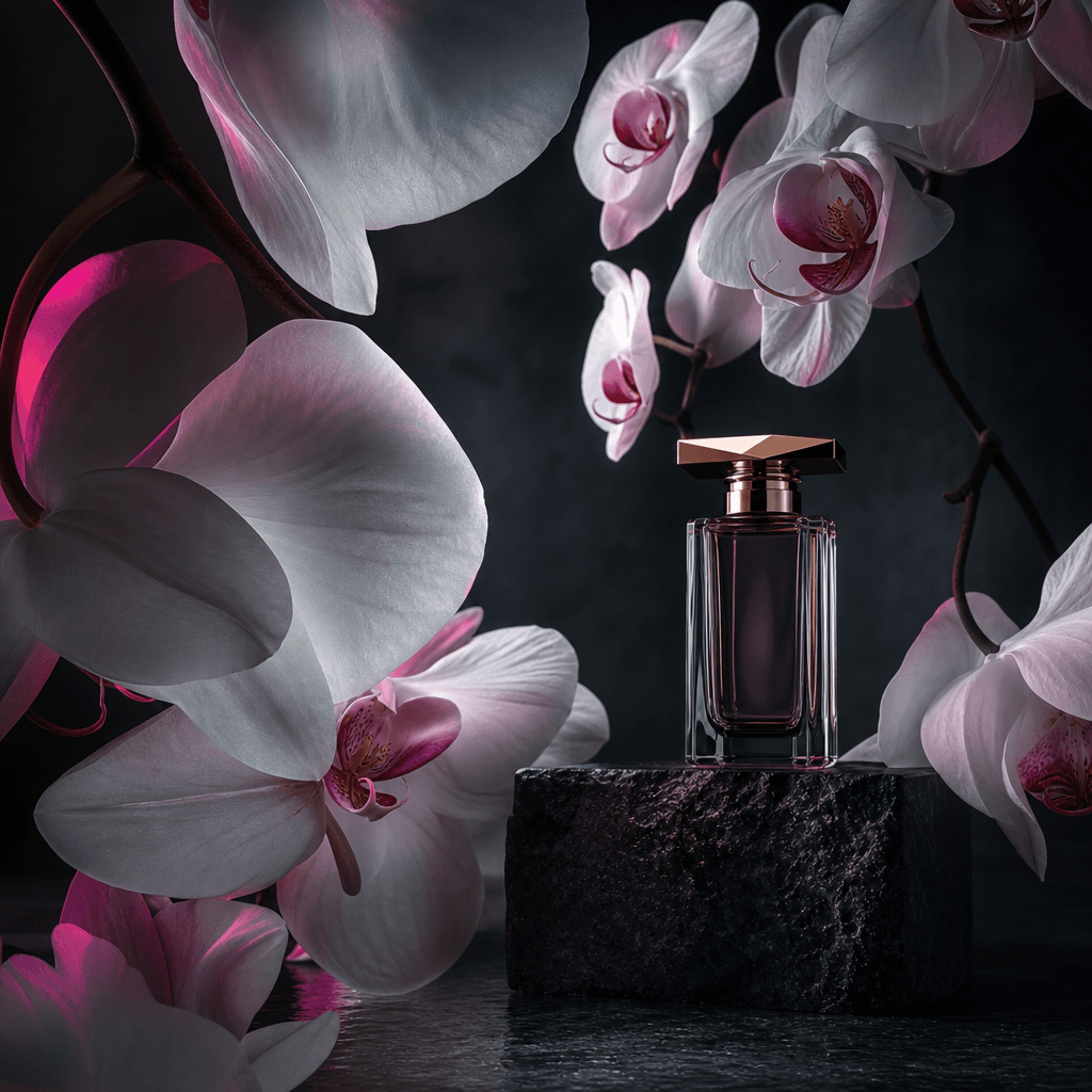 A premium perfume bottle on a dark stone pedestal as enormous white orchids invade the studio, arching around the produc