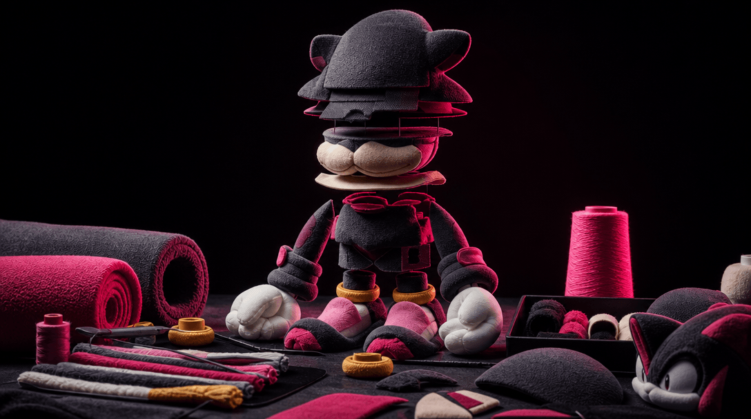 A premium product silhouette gradually expressed through layered plush fabrics, embroidery threads, soft foam contours, 