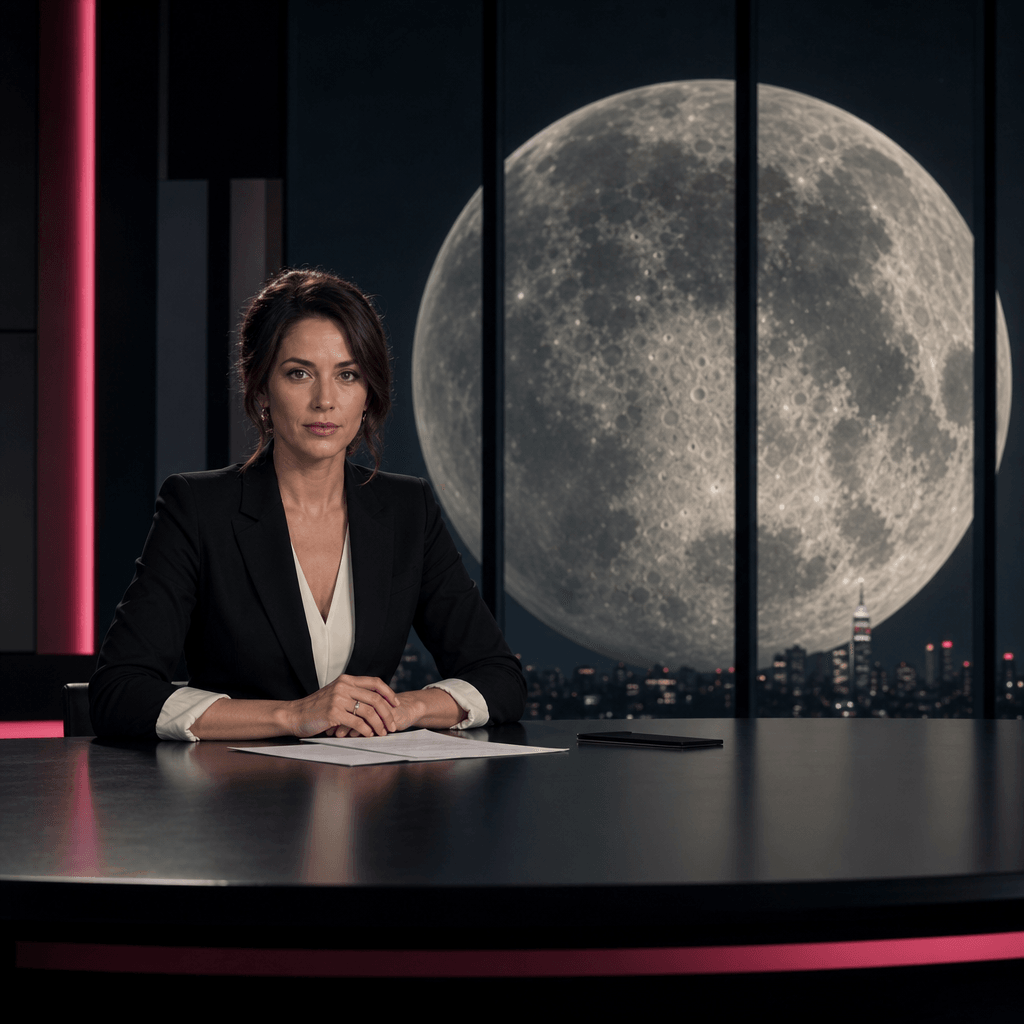 A fictional newsroom presenter at a sharp minimal desk while a massive moon appears improbably close outside tall studio