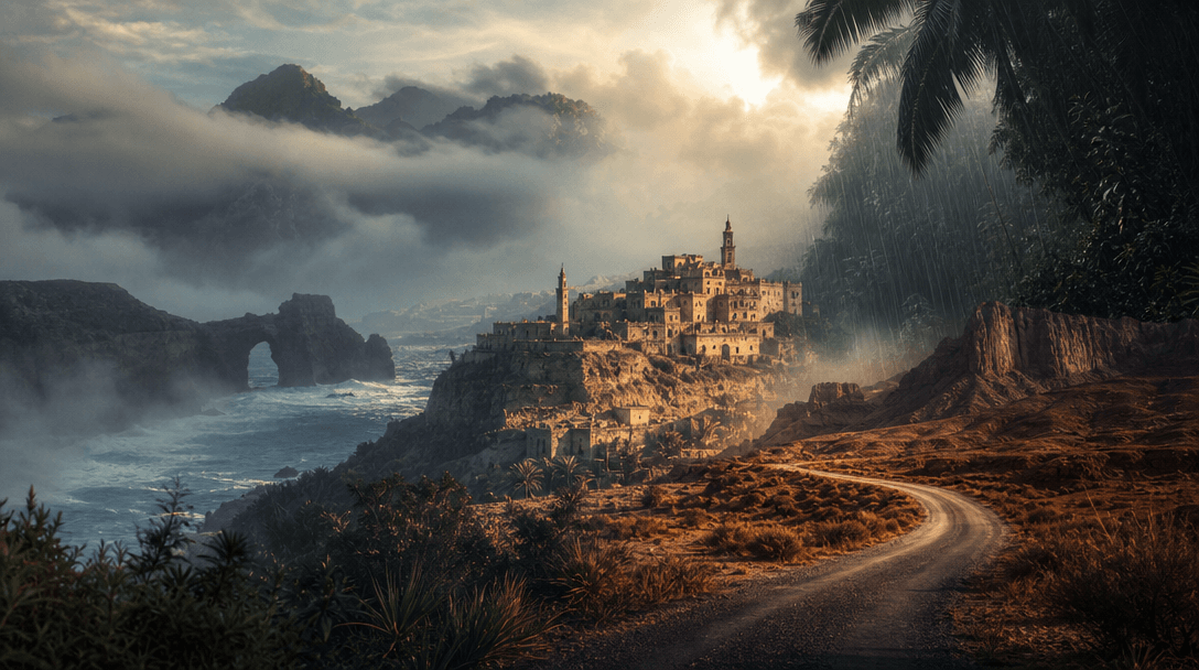 A wide atmospheric destination collage formed from sea mist, sunlit stone, desert road, and tropical rain blending natur