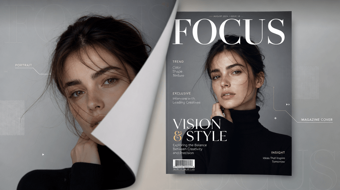 Smooth animation transition from portrait to magazine cover reveal, dynamic motion graphics, professional video effect, 