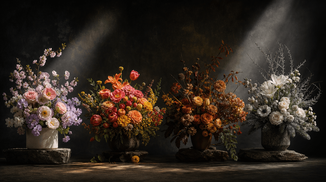 Four distinct floral arrangements sharing one dramatic studio environment: spring pastels, summer brights, autumn rust, 