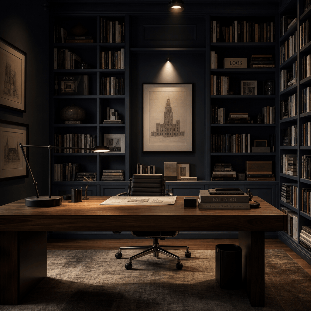 A moody home office interior — dark navy walls lined with floor-to-ceiling architectural bookshelves, a clean walnut des