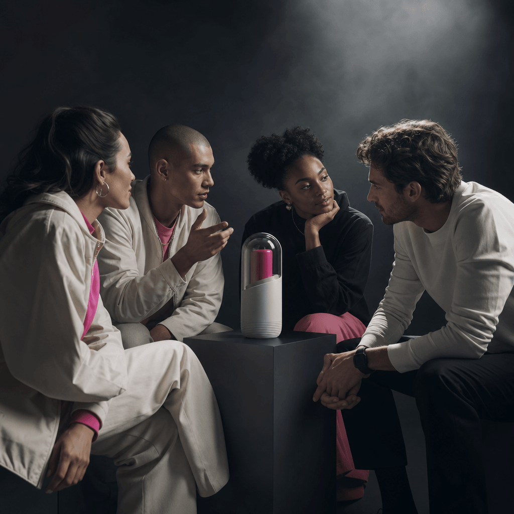 A stylish group of friends discussing a modern wellness product placed prominently on a matte pedestal between them. Moo