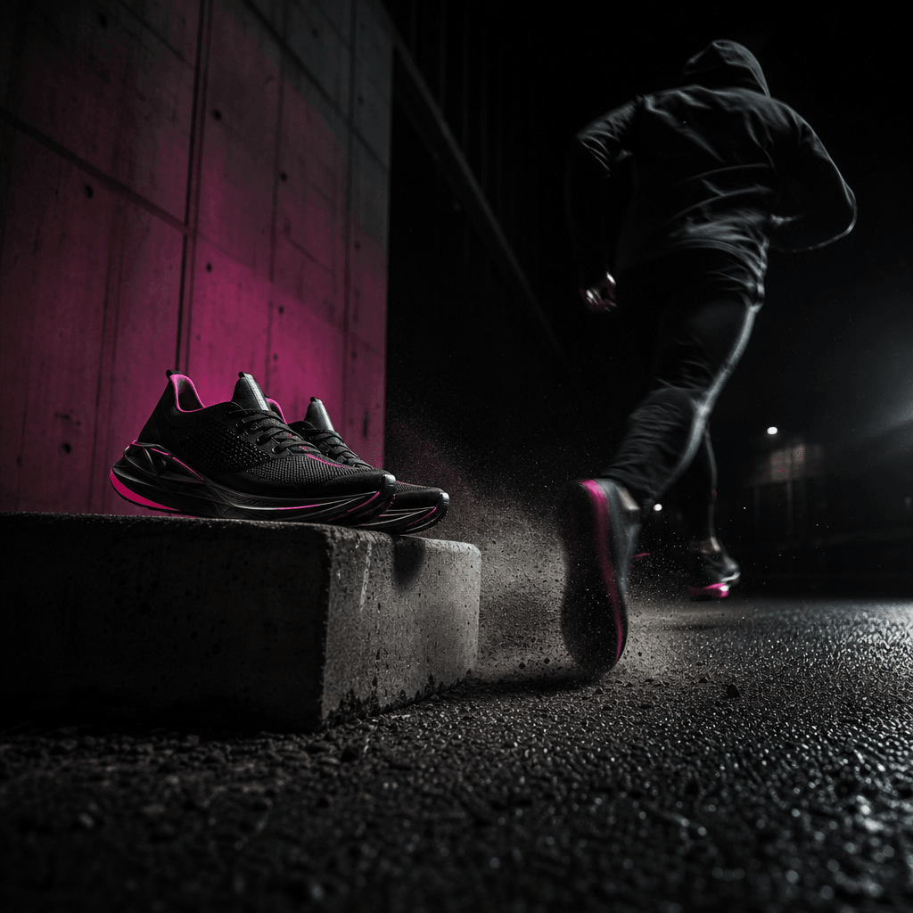 A sleek pair of limited-edition sneakers on a low concrete block as an anonymous runner sweeps them away mid-stride. Cin