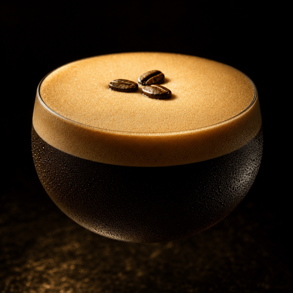 Square editorial close-up of a perfectly crafted espresso martini in a stemless coupe glass, deep dark background, soft 