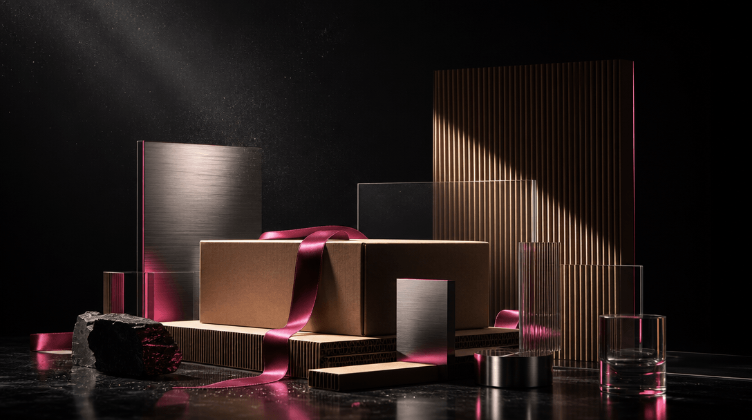 A carefully arranged collection of premium advertising materials including corrugated cardboard, satin ribbon, brushed s