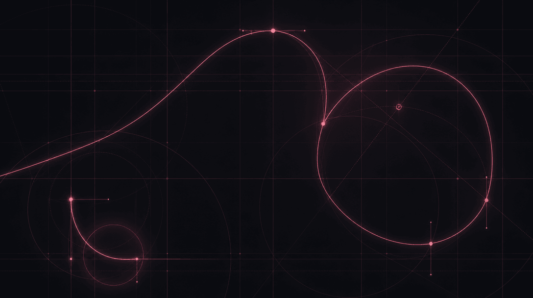 Abstract dark surface with faint architectural grid lines and smooth bezier motion-path curves glowing softly in hot pin