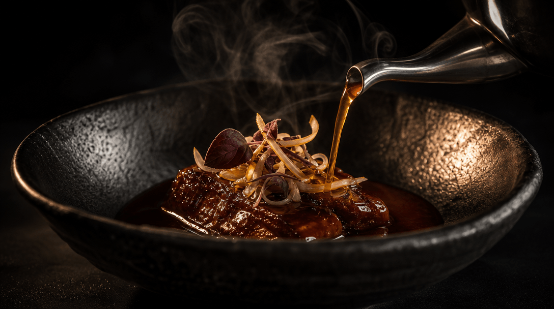 An abstract premium food landscape of glossy sauce, textured ceramic, polished steel, delicate steam, and directional go