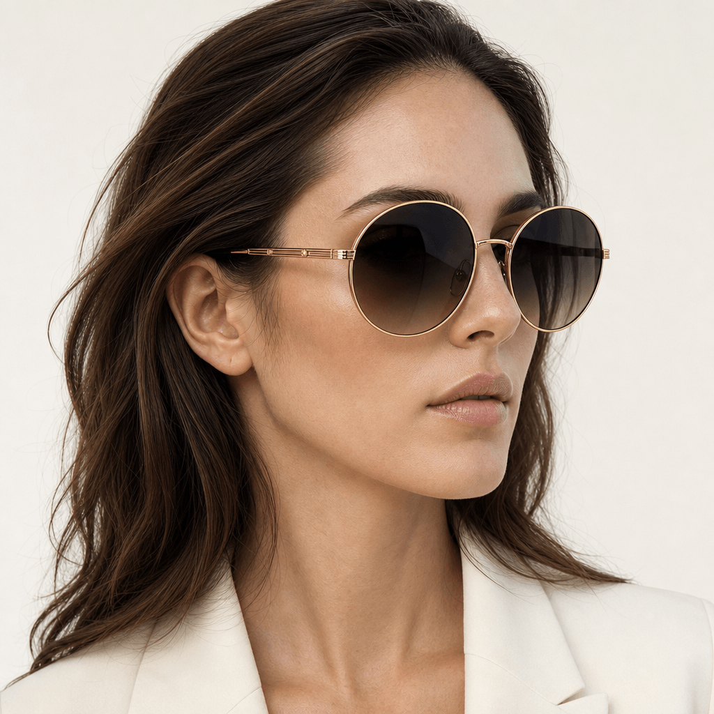 Three-quarter profile portrait of a woman wearing oversized round gold metal frame sunglasses with dark gradient lenses,