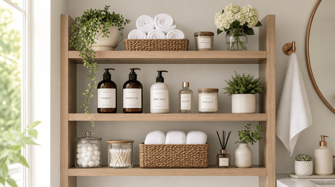 Organized bathroom storage shelf with natural product arrangement. Clean aesthetic with complementary decor items. Profe