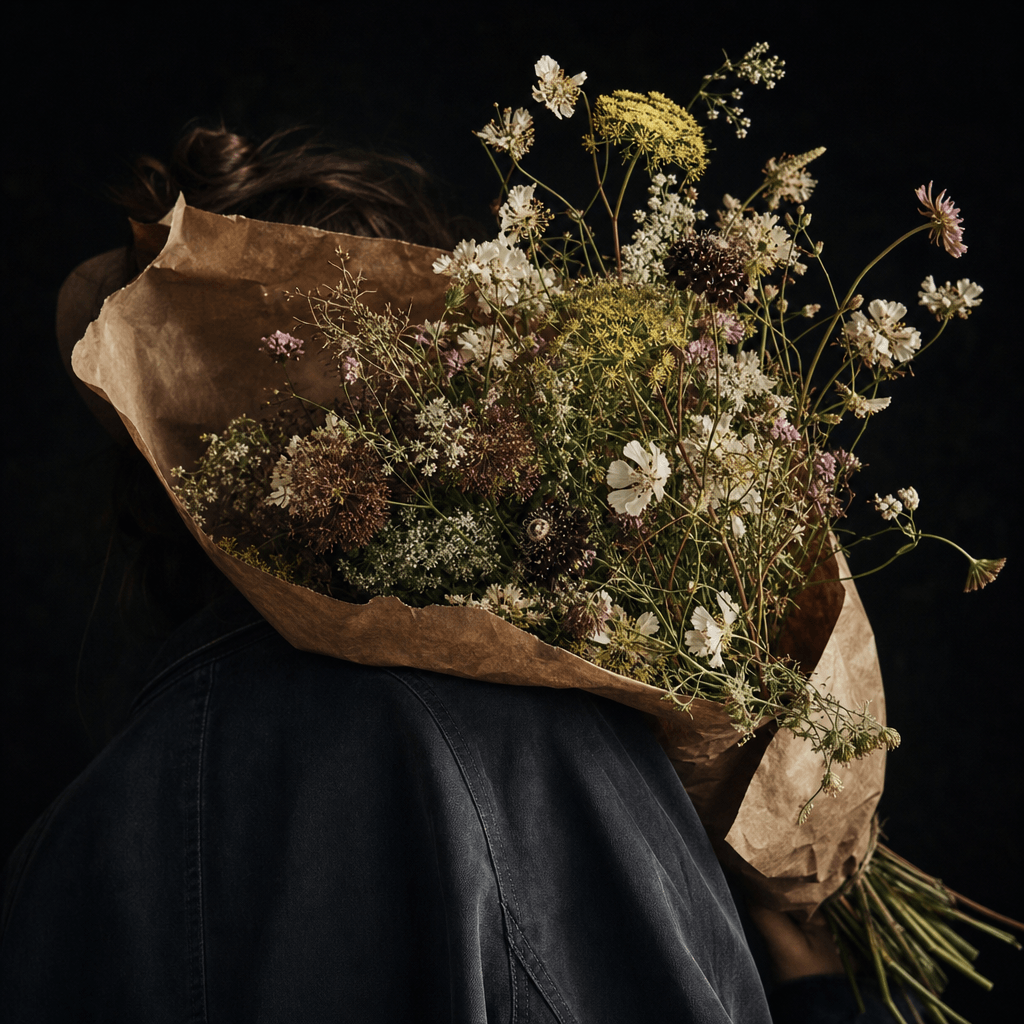 A rustic wildflower bouquet wrapped in textured brown paper and carried against the shoulder of an anonymous figure in a