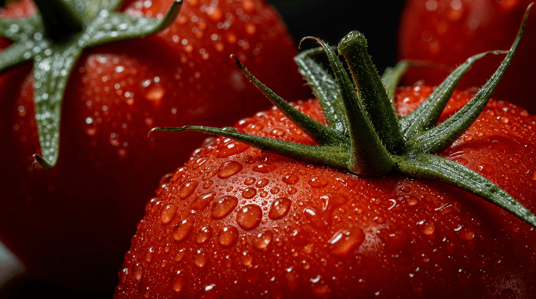Extreme macro close-up of fresh ripe tomatoes glistening with water droplets, rich crimson and deep green texture comple