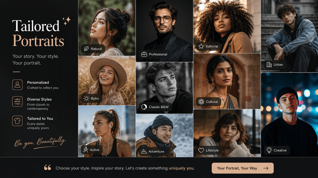 A creative visualization of tailored portrait features, showcasing an array of lifestyle photos in different styles, emp