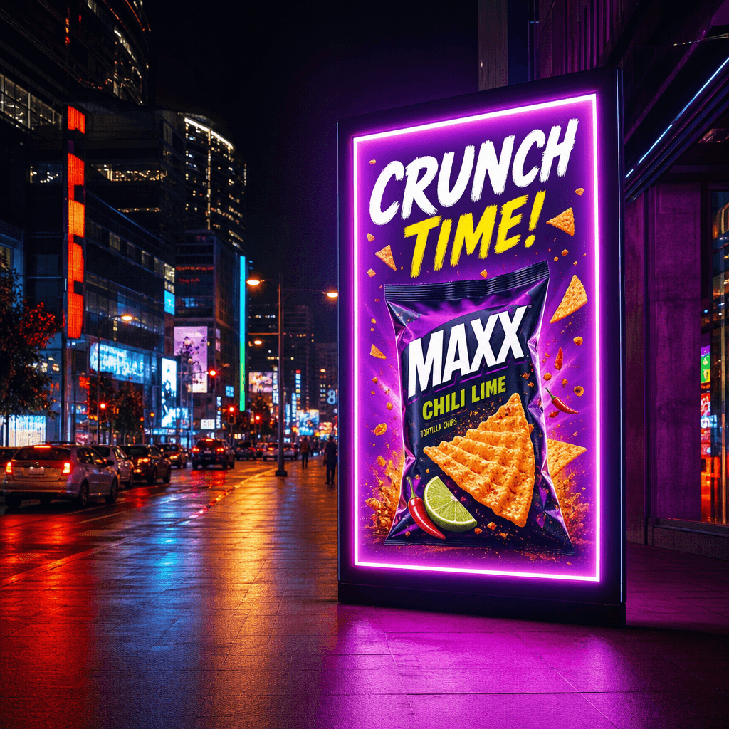 Glowing neon-lit billboard showcasing snack product on nighttime city street, dramatic artificial lighting, dark sky wit