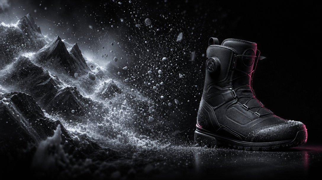 A premium product silhouette emerging from a storm of suspended snow crystals, gradually resolving from abstract alpine 