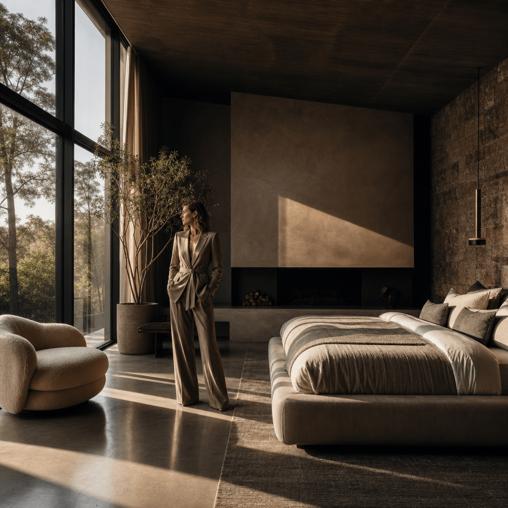 Master bedroom suite with dramatic raking natural light from floor-to-ceiling windows, a model in refined attire standin