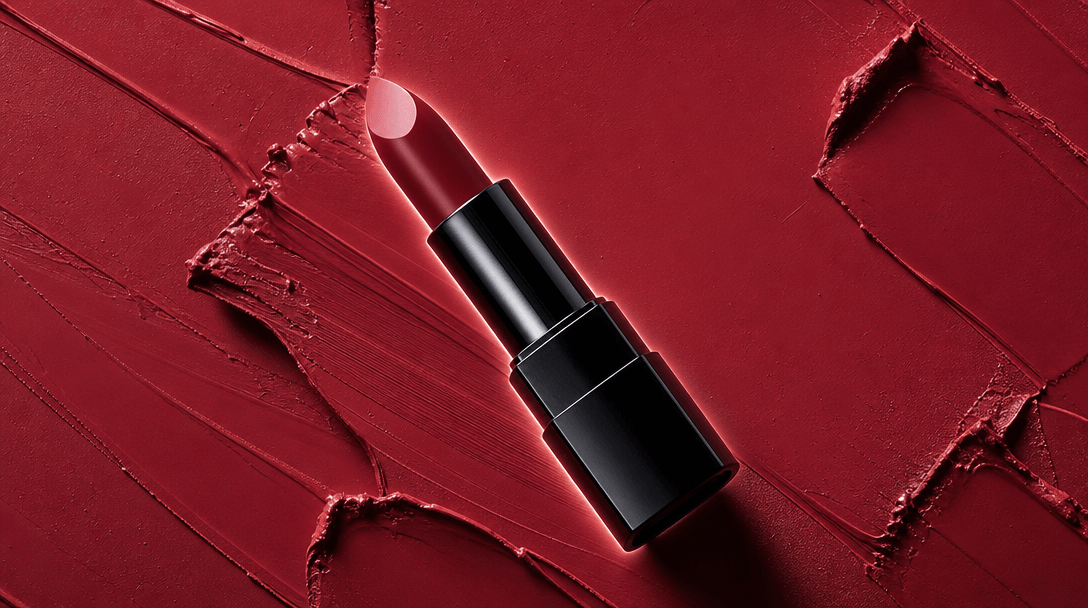 Overhead beauty hero shot: a lipstick tube placed diagonally on a bold color-blocked smear background, the smear shade p