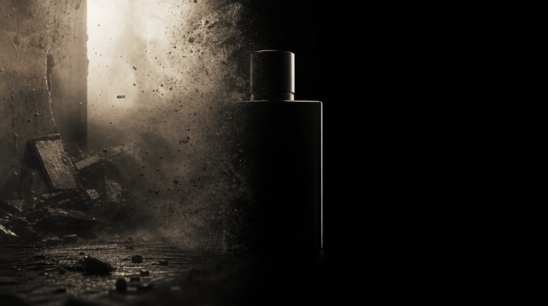 Abstract cinematic scene: a product silhouette transitioning from a cluttered, harsh environment into a perfectly clean 