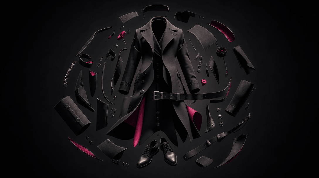 An abstract deconstruction of a tailored fashion look suspended in a dark studio: coat panels, buttons, belt, shoes, and