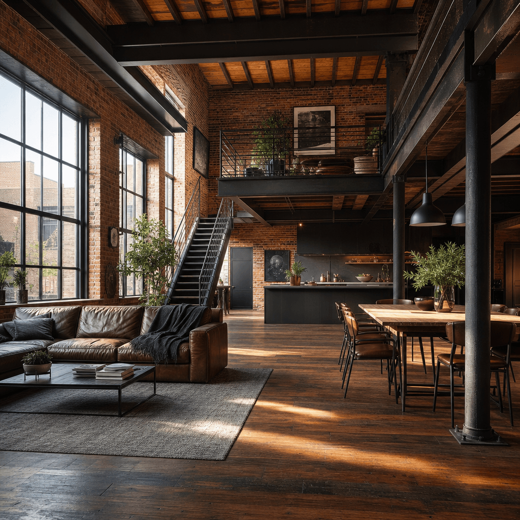 Industrial loft conversion complete: exposed red brick walls, steel I-beams overhead, polished wide-plank timber floor, 