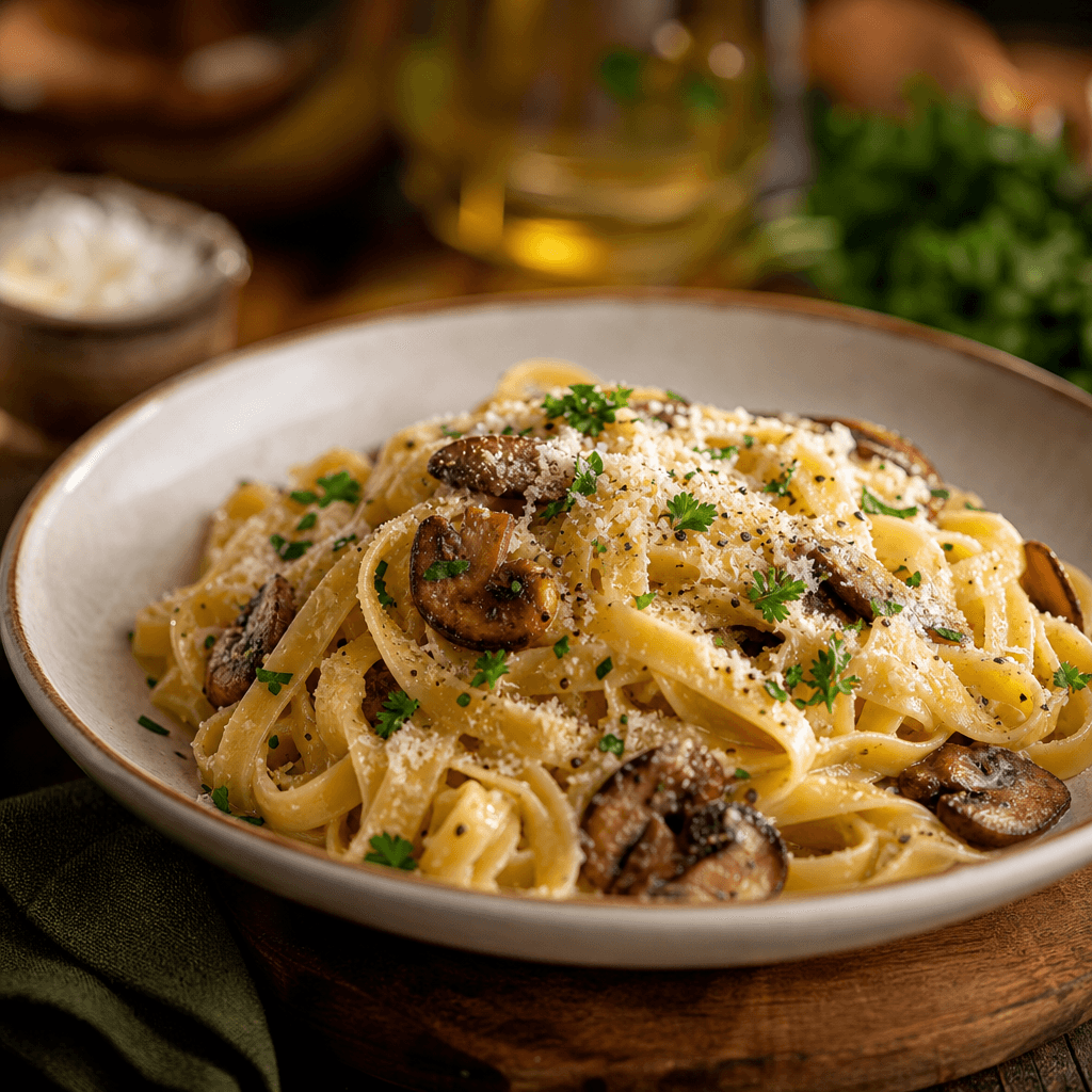 A beautifully composed pasta dish with fresh herbs and shallow depth of field. Warm kitchen lighting, professional food 