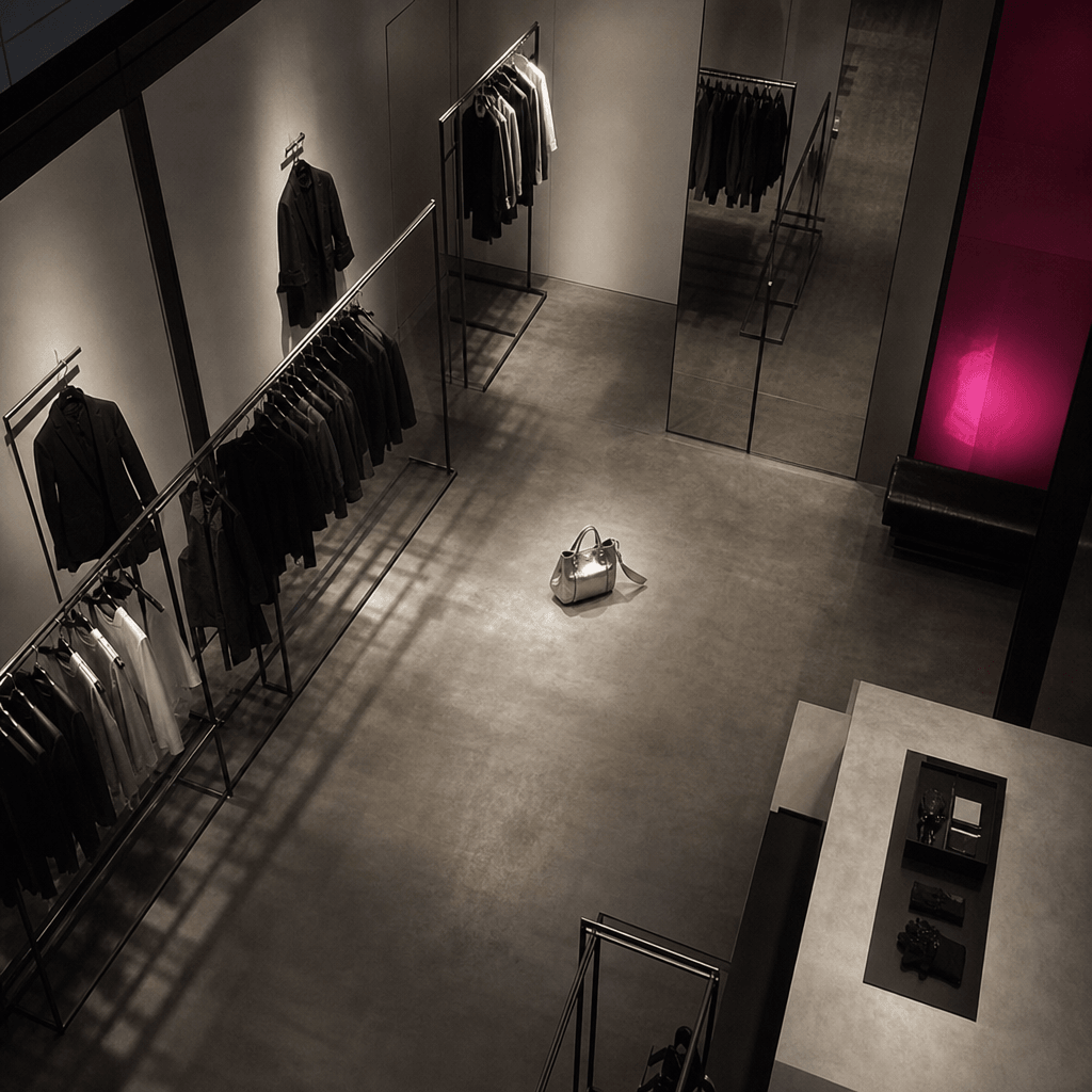 High corner security-camera angle inside a minimalist fashion boutique after hours, clothing rails forming precise shado
