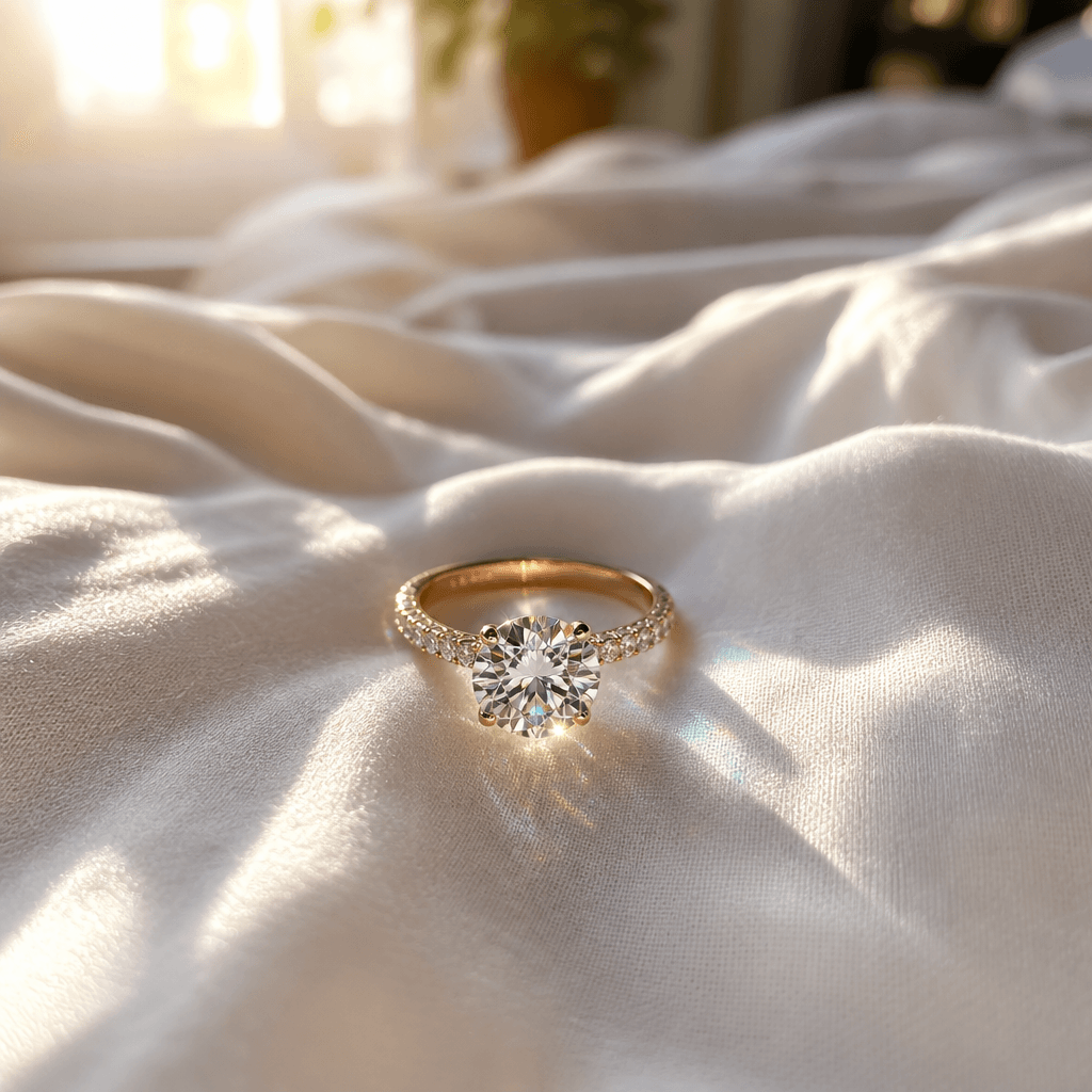 Diamond engagement ring on fresh white bed sheets, morning sunlight creating brilliant sparkles, soft natural shadows, p