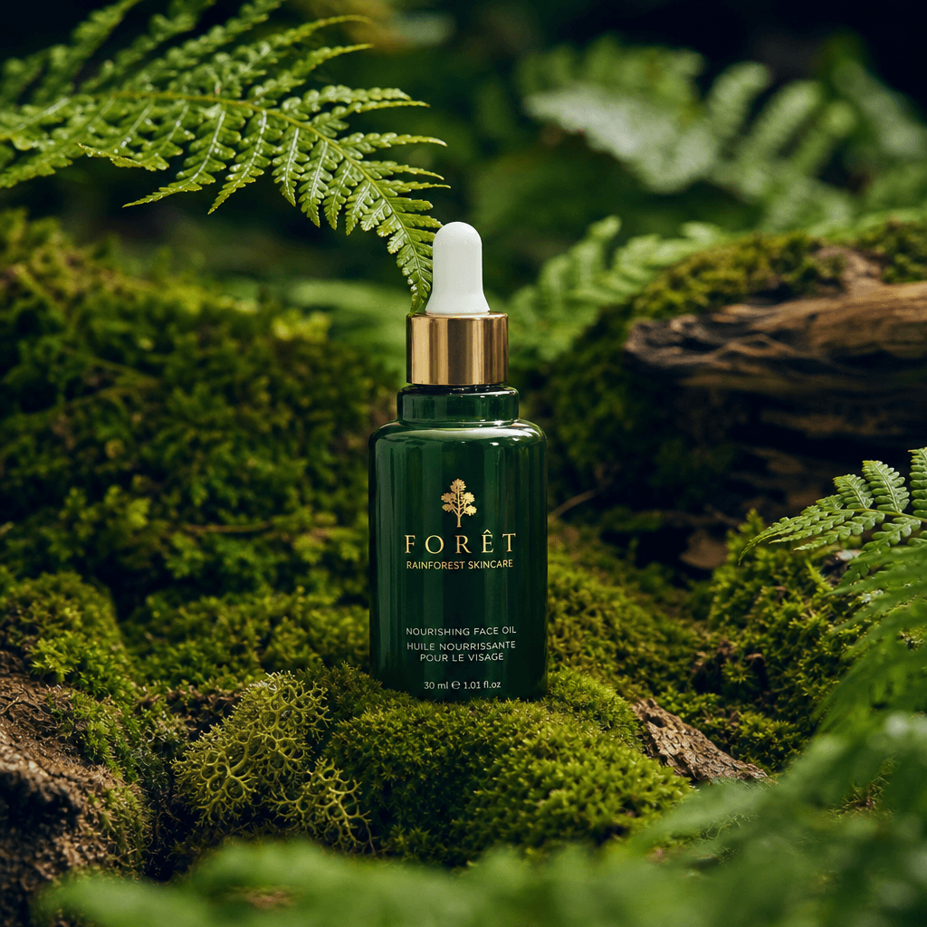 Serum bottle on moss with fern leaves, organic beauty, woodland aesthetic, luxury product photography.
