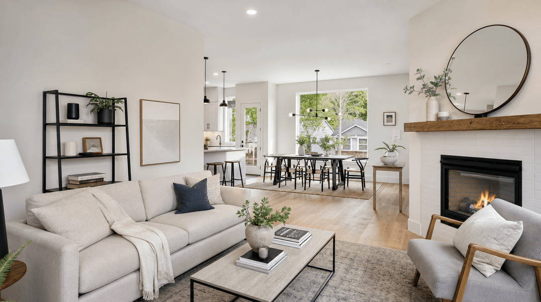 Modern home interior with property listing aesthetics, clean bright natural light through windows, neutral color palette