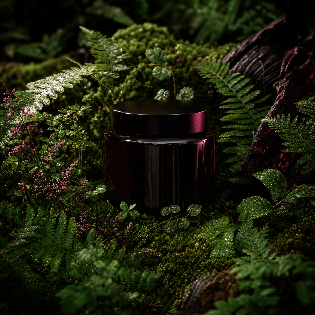 A premium herbal supplement jar nestled into a dense bed of ferns, moss, and tiny dew-covered botanicals in a shadowy wo