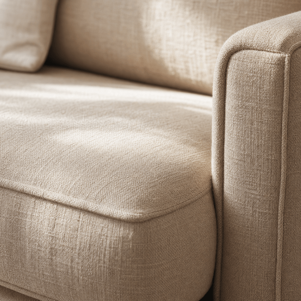 Close-up detail of luxury linen sofa upholstery with natural light creating soft shadows on the weave, warm beige tone, 