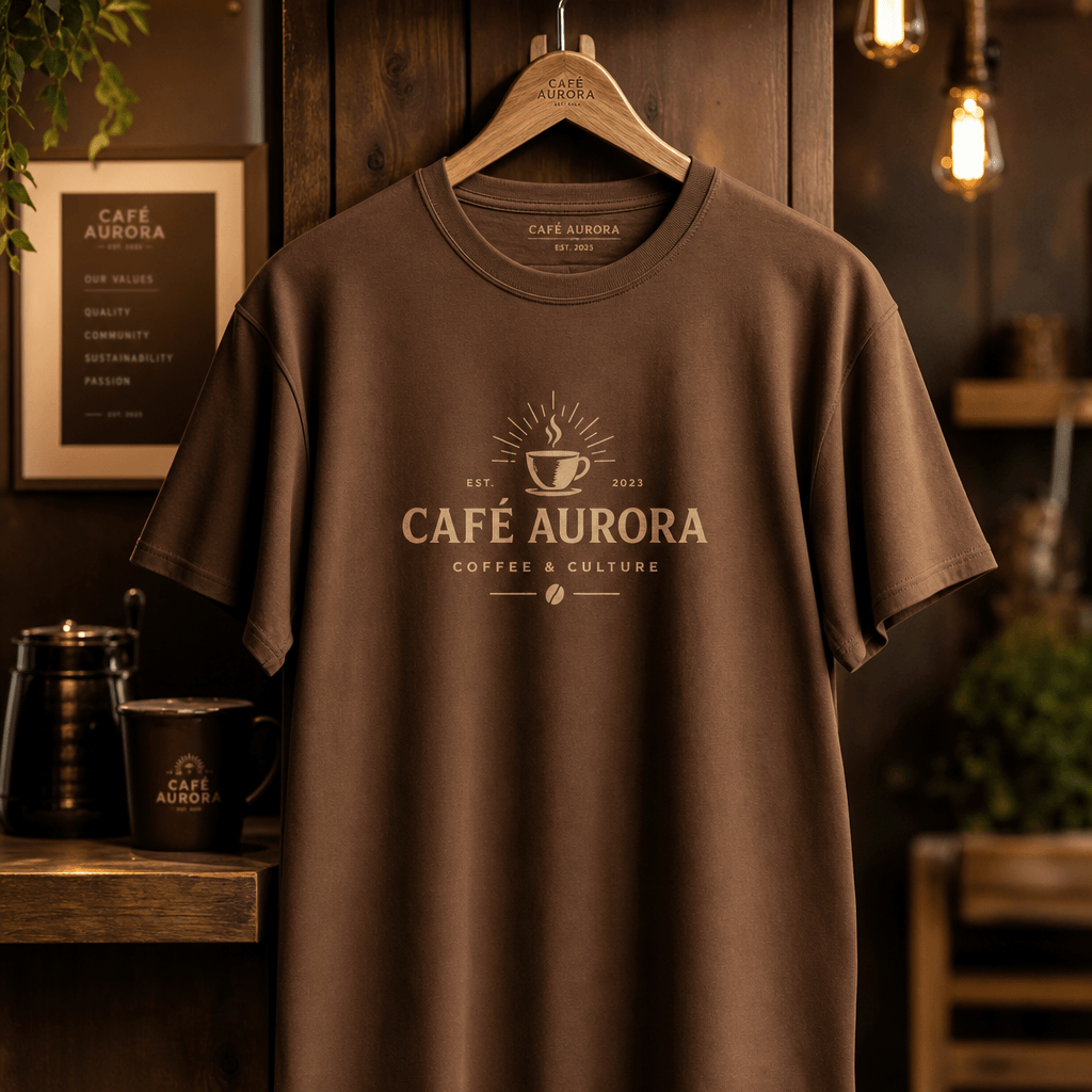 Café branded t-shirt displayed on wooden hanger, warm studio lighting, professional retail presentation, fashion photogr