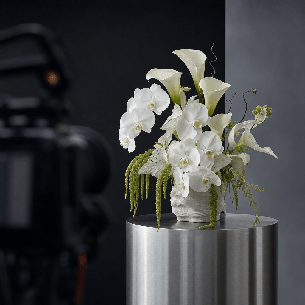 A sculptural white orchid and calla lily bouquet on a brushed steel pedestal during a professional campaign shoot, with 