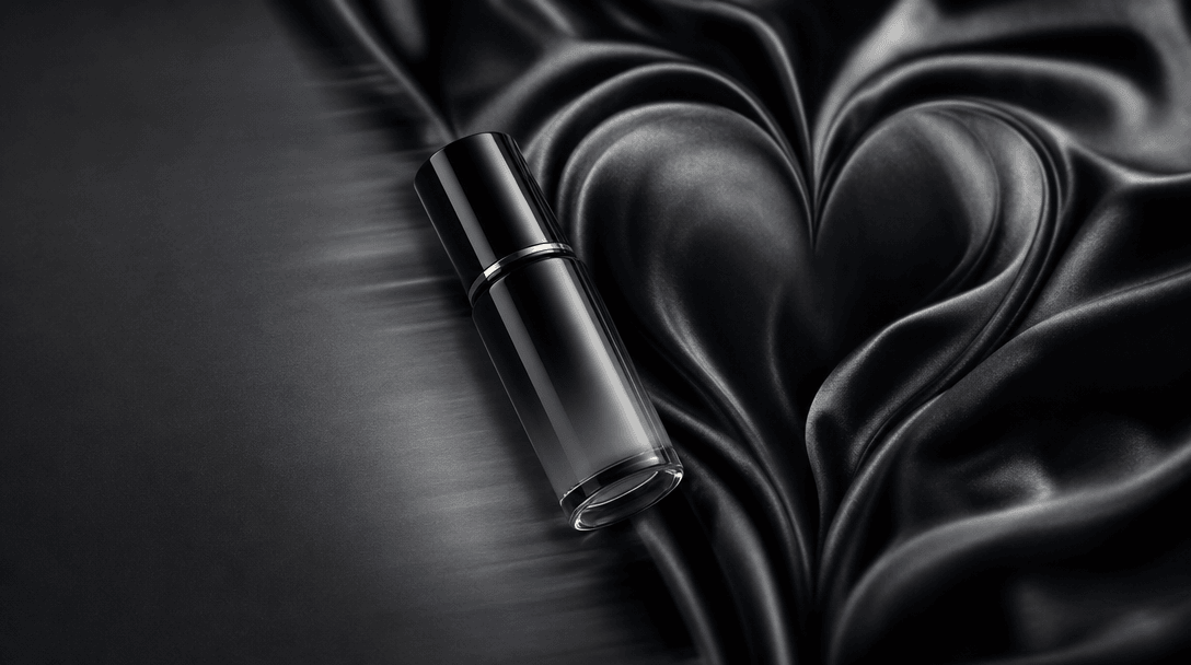 A clean cosmetic packshot visually transitioning into a fully styled silk campaign scene, represented without interface 