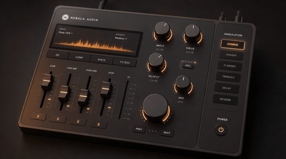 Intuitive control interface with adjustment sliders and knobs bathed in soft warm lighting, dark minimalist background, 