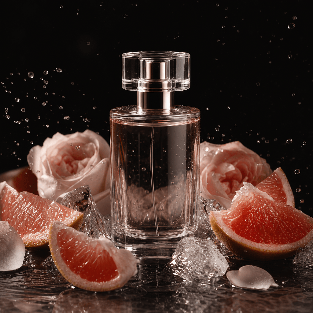 Minimal perfume bottle surrounded by grapefruit wedges, pale roses, translucent ice, and a fine mist of droplets, sophis
