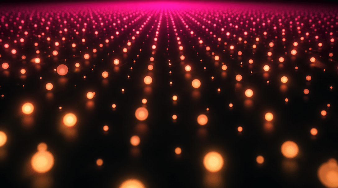 Abstract cinematic wide shot: hundreds of softly glowing light orbs arranged in a receding grid pattern on a near-black 