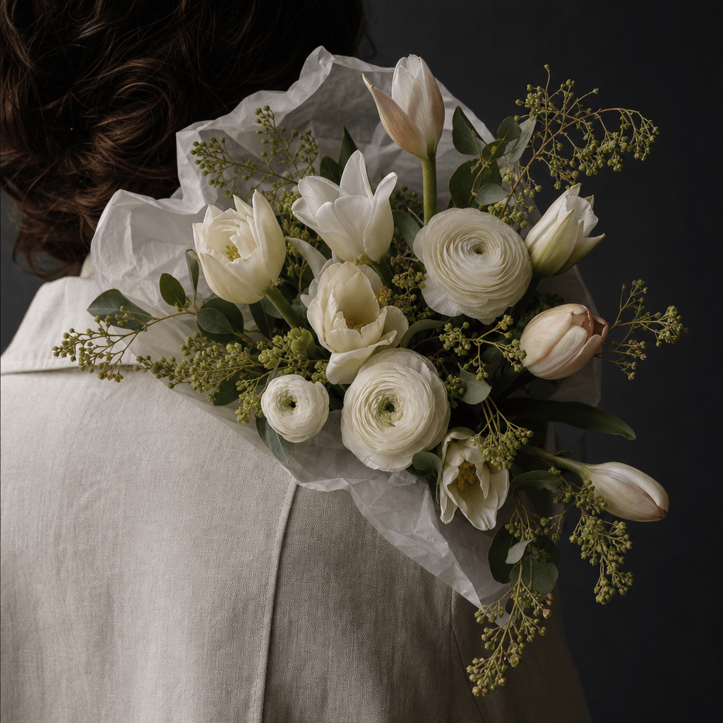 A loose spring bouquet of white ranunculus, pale tulips, and green foliage resting against the shoulder of an anonymous 