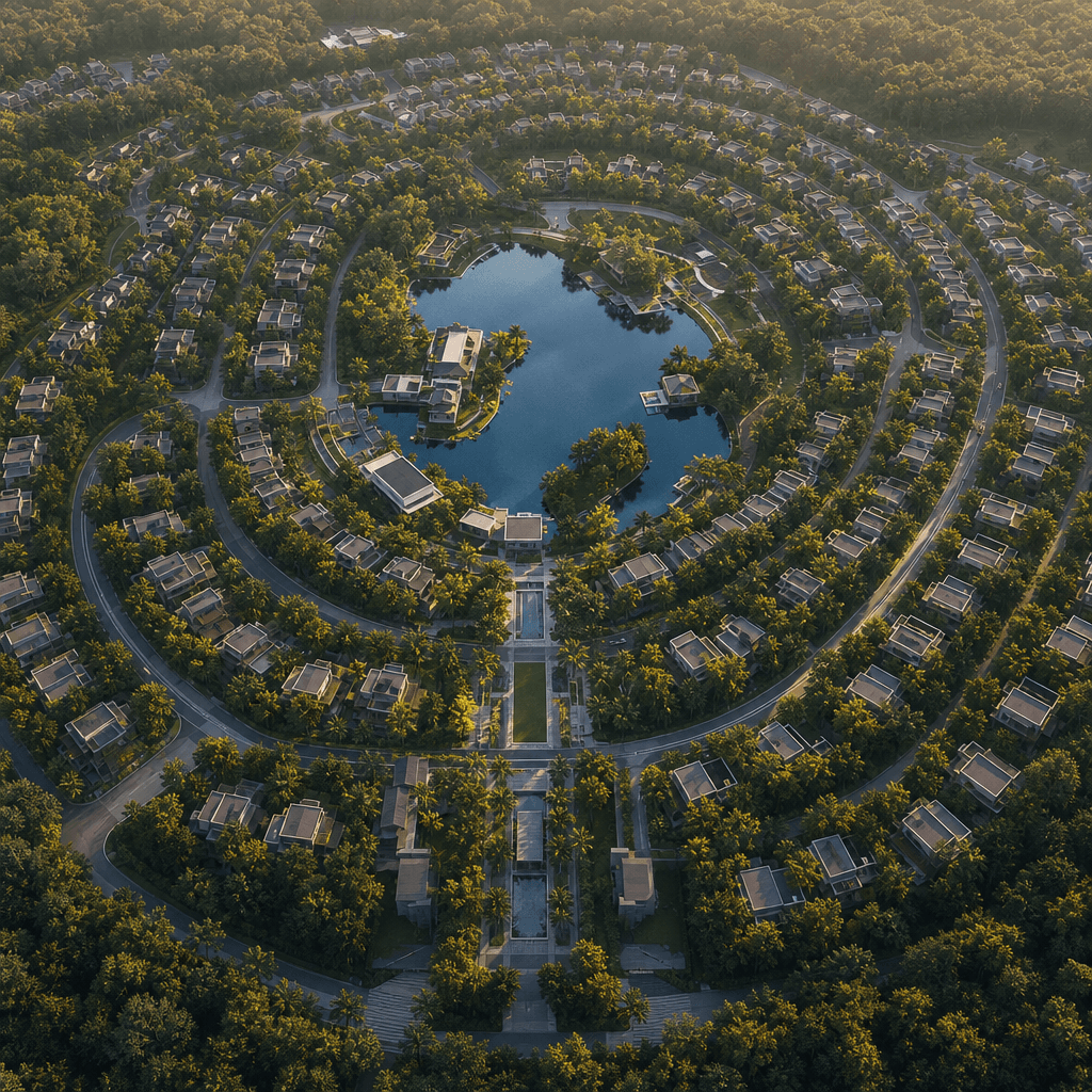 Aerial bird's-eye photorealistic CGI of a contemporary residential masterplan. Radiating curved streets, clustered housi