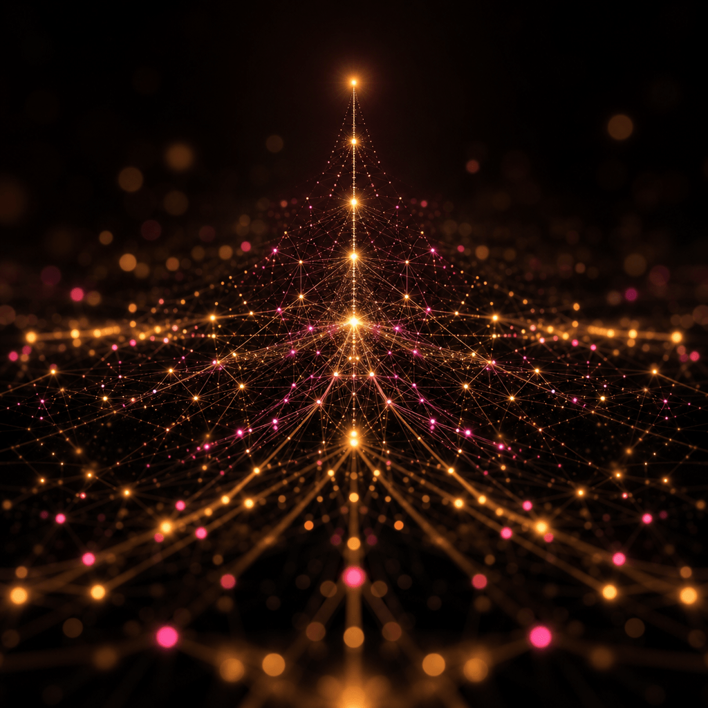 Abstract network of glowing light nodes forming a converging hierarchy structure, deep near-black background, warm gold 