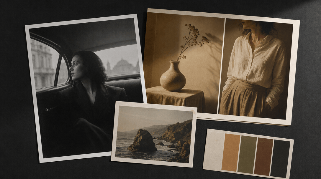 A flat lay of several photographic reference prints arranged on a dark matte surface — a black-and-white film still, a w