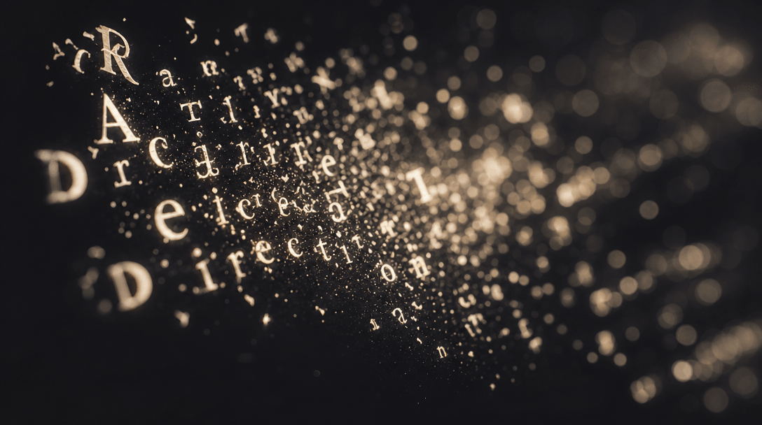Atmospheric macro shot of glowing off-white text fragments dissolving into cinema bokeh lights — characters representing