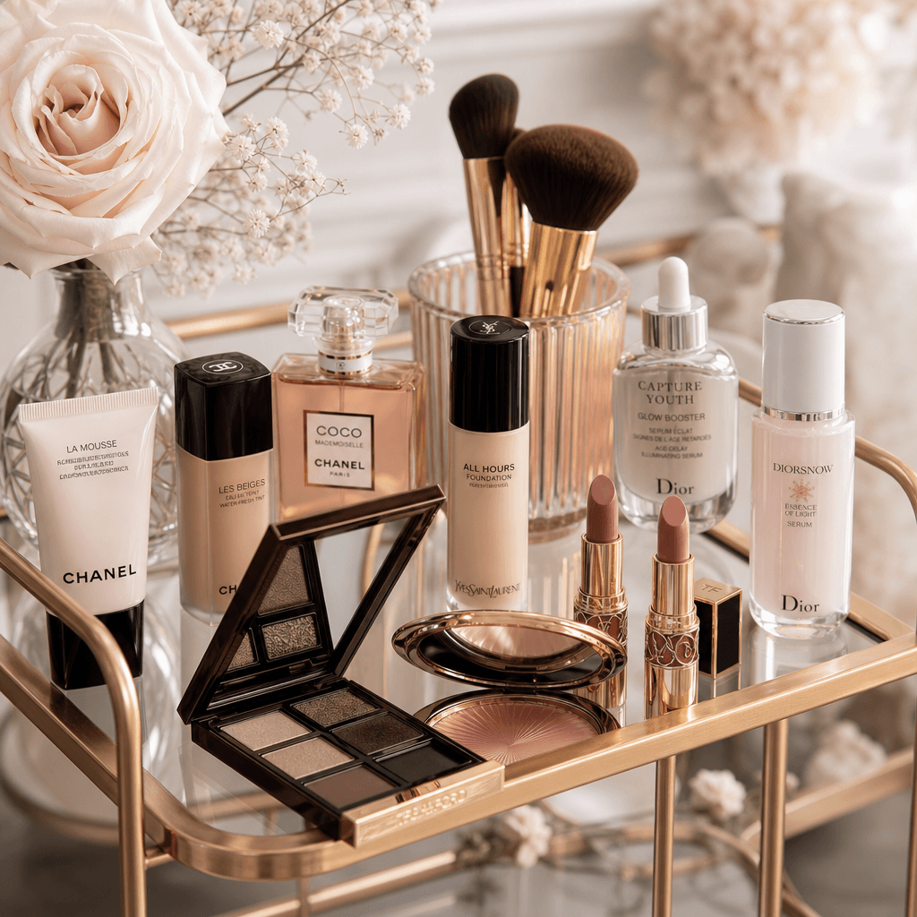 Makeup and beauty set displayed in elegant cart composition, editorial style photography, professional product arrangeme