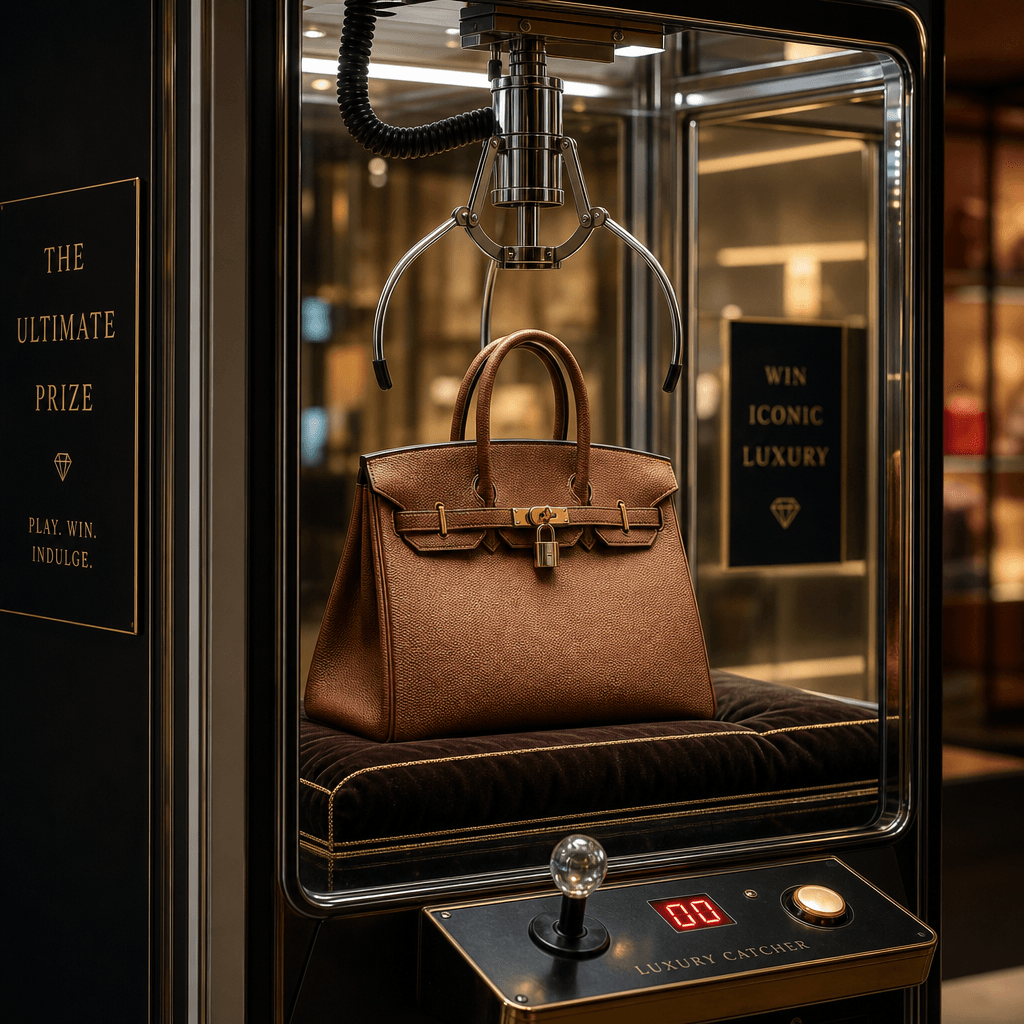 A luxury handbag positioned as the prize in a claw machine cabinet, dramatic side lighting, retail display setting, chro